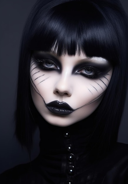 a woman with black hair and black makeup