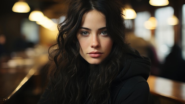 A woman with black hair and a black outfit is sitting in a cafe