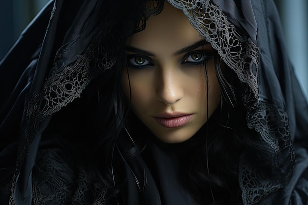 a woman with black hair and a black veil