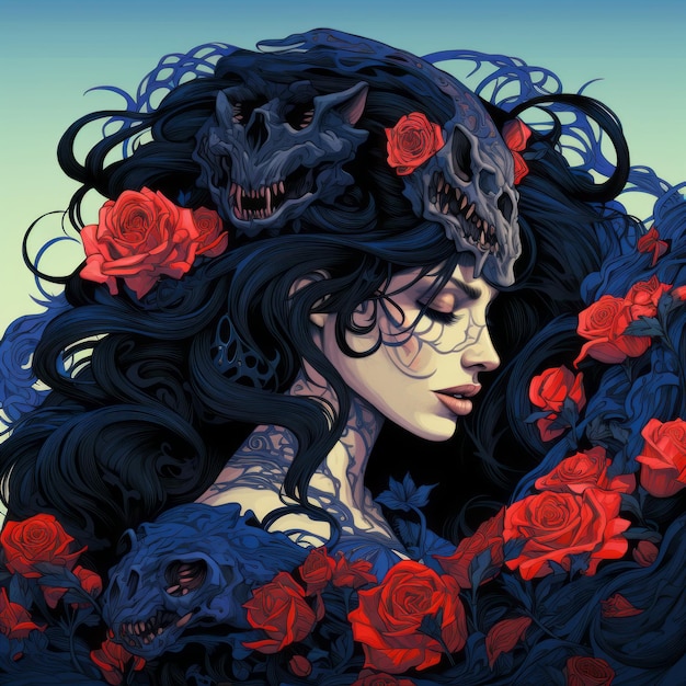 a woman with black hair and blue roses in her hair