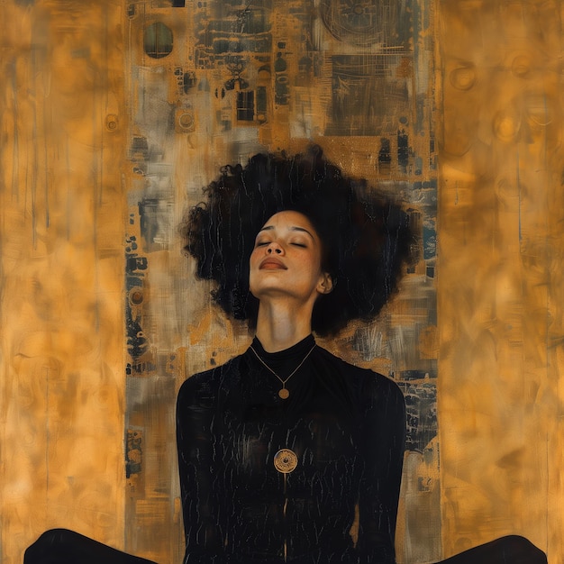 Photo a woman with a black hair is sitting in front of a painting of a woman with a black hair that says  afro