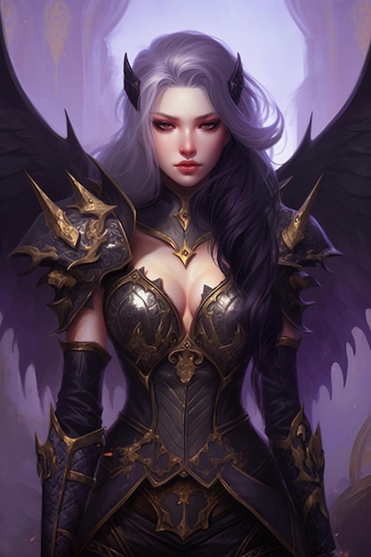 A woman with black hair and a purple angel with a sword in her hand.