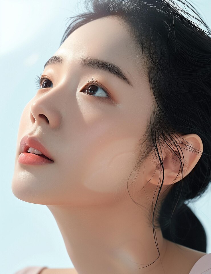 a woman with a black hair and a red lip