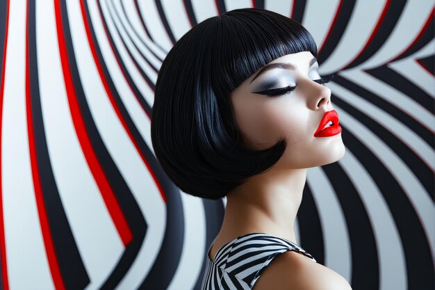 A woman with black hair and red lipstick in front of a striped wall