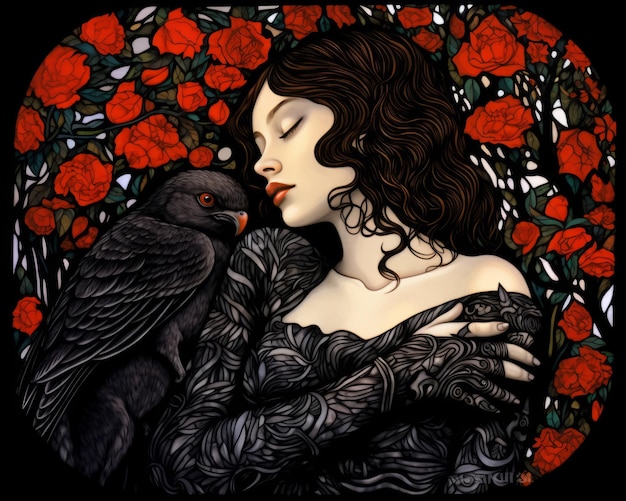 a woman with black hair and red roses is holding a crow