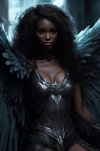 A woman with black hair and a silver dress with wings on it.