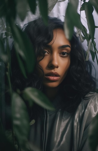 A woman with black hair and a silver shirt stands behind a plant.