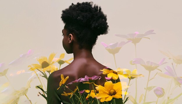 A woman with black hair stands in front of a flower field.