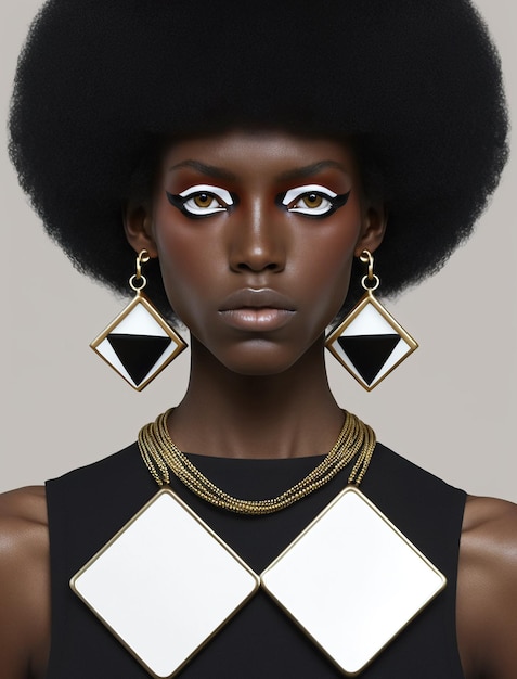 A woman with black hair and a white diamond earrings