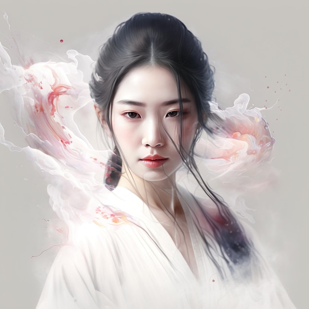 A woman with black hair and a white hanfu is standing in front of a cloud of smoke