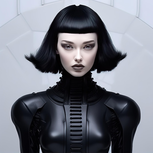 A woman with a black haircut and a black cape.