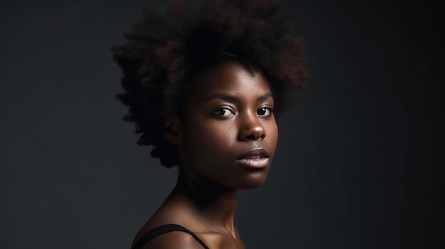 A woman with a black haircut stands against a dark background.