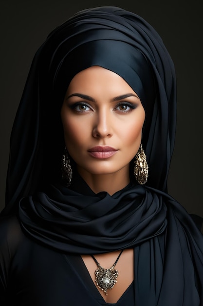 Женщина с черным шарфом на голове и серьгами на голове