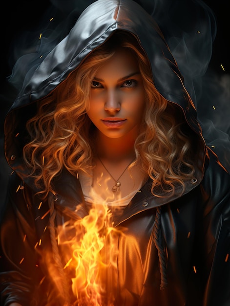 a woman with a black hood that says  shes a fire