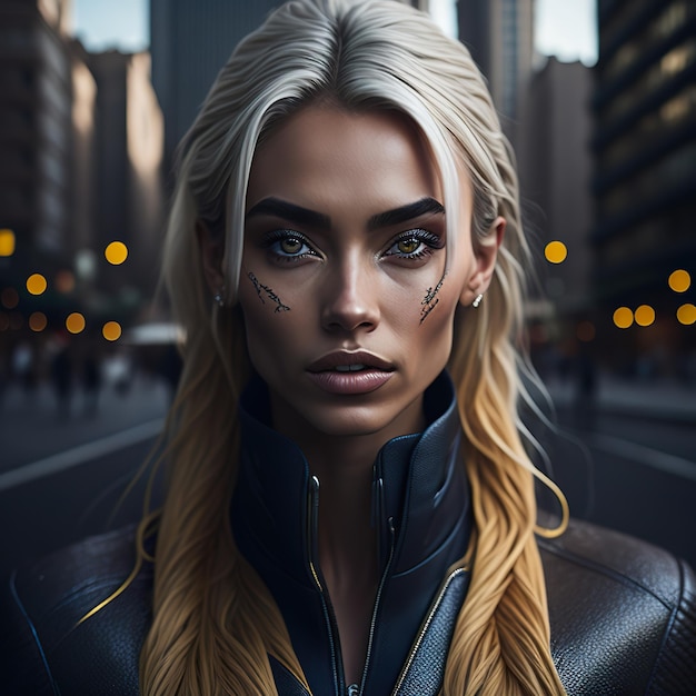 A woman with a black leather jacket and a blue eyes stands in a city street.