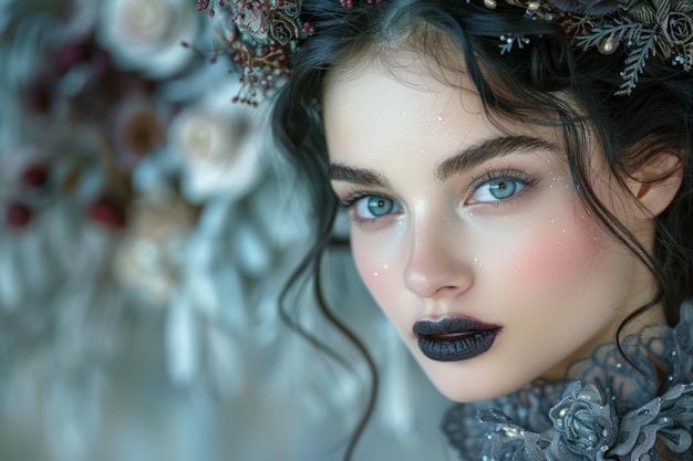 a woman with black lips and black lipstick is posing in front of a white background