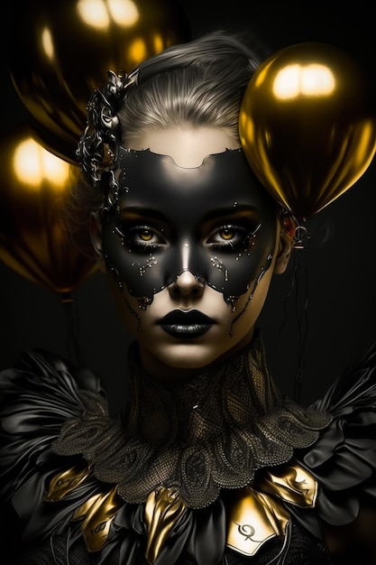 A woman with a black mask and gold paint on her face