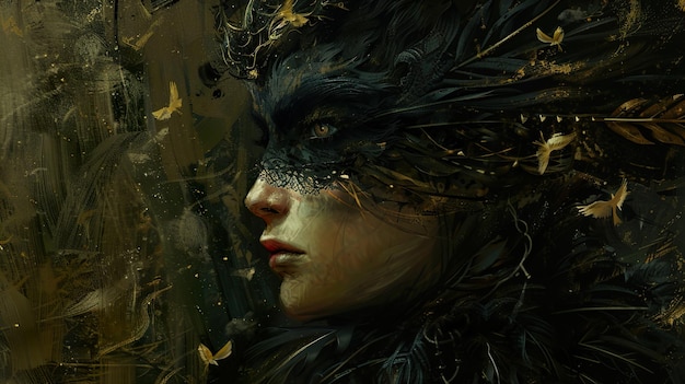 a woman with a black mask on her face is surrounded by leaves