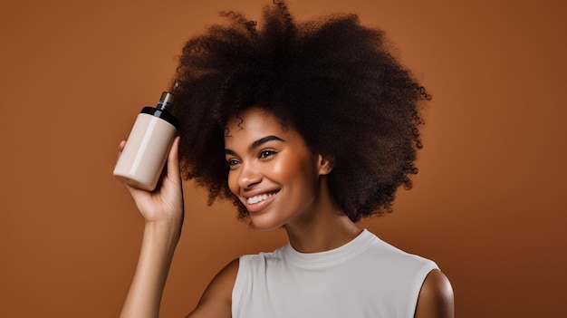 Woman with black power hair holding a bottle of hair product studio shot Generative AI