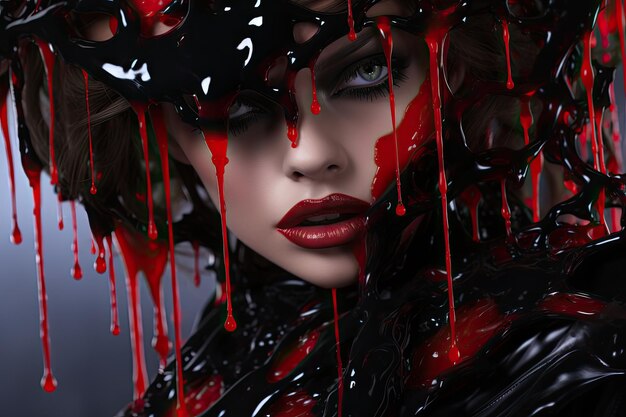 a woman with black and red liquid over her face