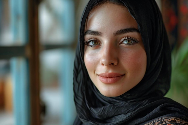 a woman with a black scarf on her head