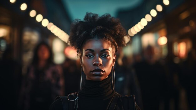 A woman with a black shirt and earrings standing in the middle of an alley ai