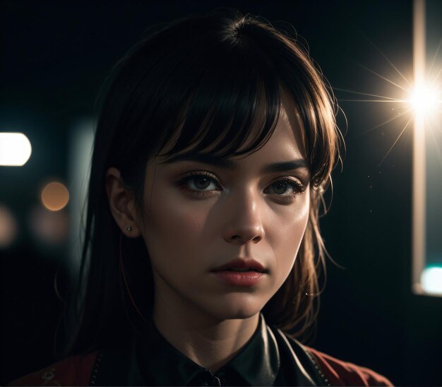 a woman with a black shirt and a red jacket looking at the camera with a light shining on her face a