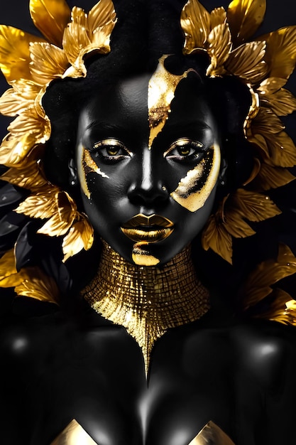 A woman with black skin and gold leaves on her face