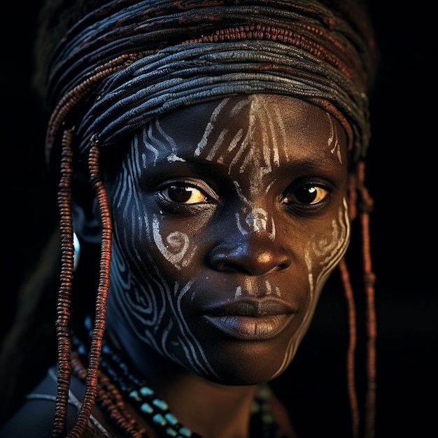 A woman with black skin and white markings on her face.