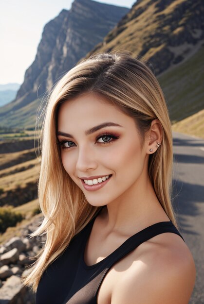 Photo a woman with a black top and a mountain in the background smiling at the camera with a mountain in t