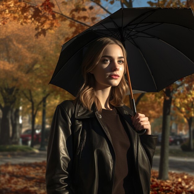 Фото Женщина с черным зонтиком на улице