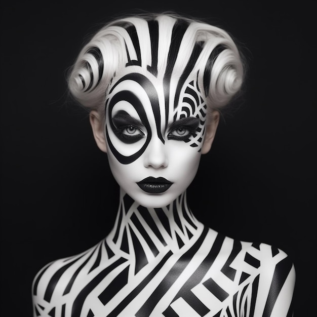 a woman with a black and white face and a black and white mask with black and white stripes