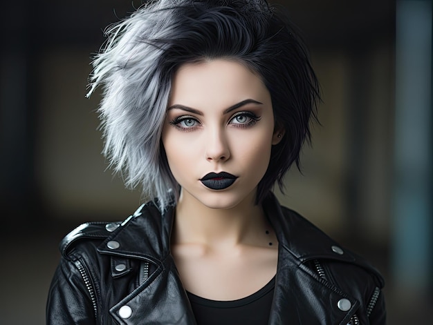 a woman with black and white hair and a leather jacket