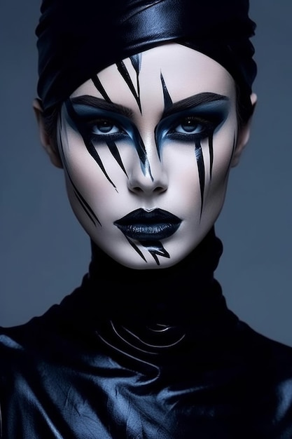 A woman with black and white makeup and a black face with a pattern of eyes and lips.