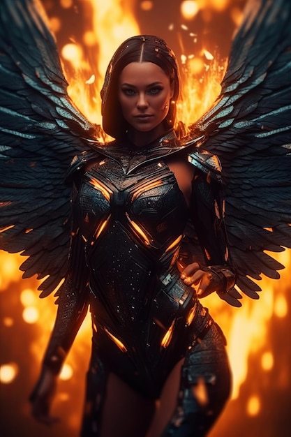 Женщина с черными крыльями и горящий огонь на заднем плане.