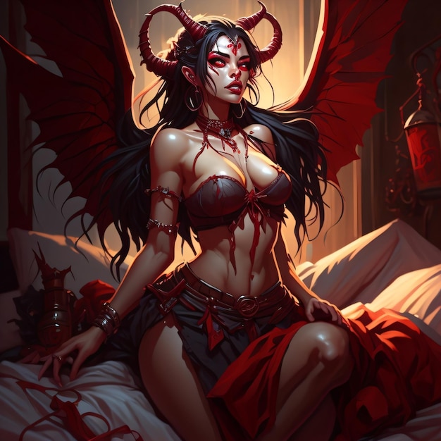 A woman with black wings and horns sits on a bed.