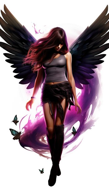 a woman with black wings and purple background