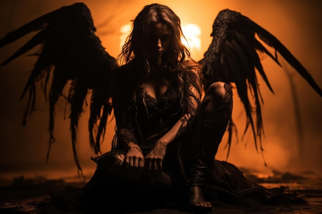 Premium AI Image | a woman with black wings sitting on the ground