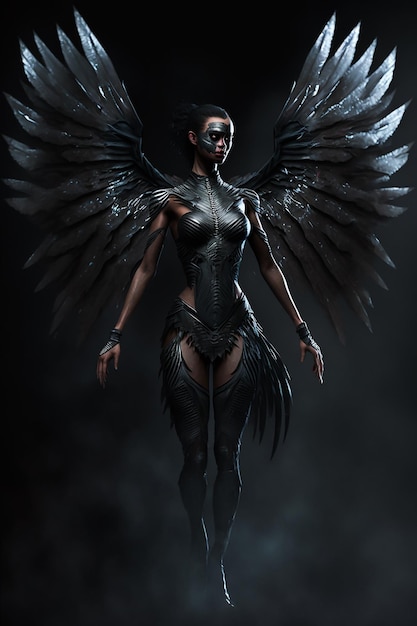 A woman with black wings and wings stands in a dark room.