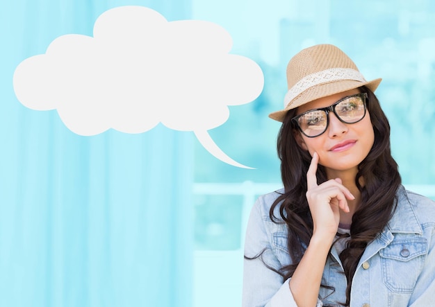 Photo woman with blank speech bubble against purple background