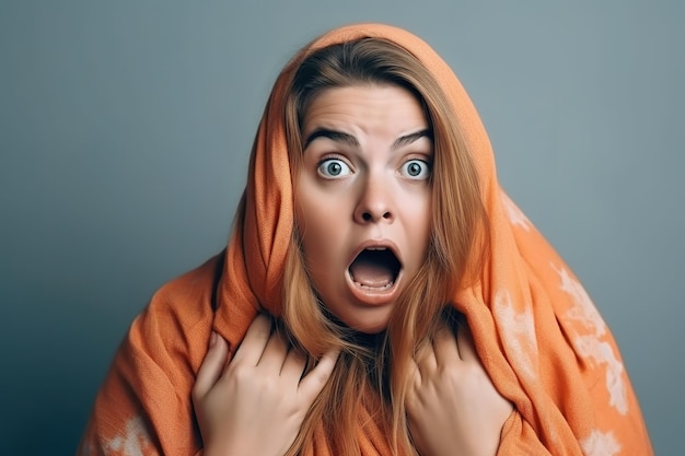 A woman with a blanket on her head and a surprised look on her face