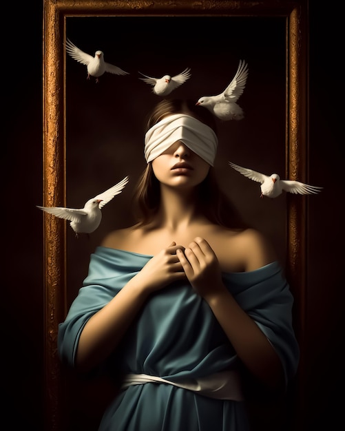 A woman with a blindfold over her eyes and a picture of birds around her