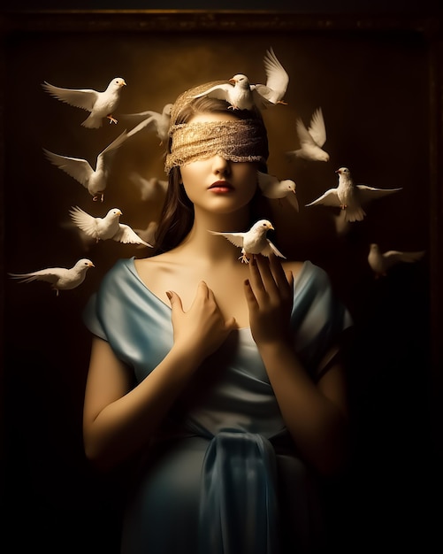 A woman with a blindfold over her head and a flock of white birds flying around her