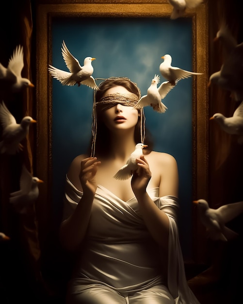 Premium AI Image  A portrait of blindfolded woman with birds