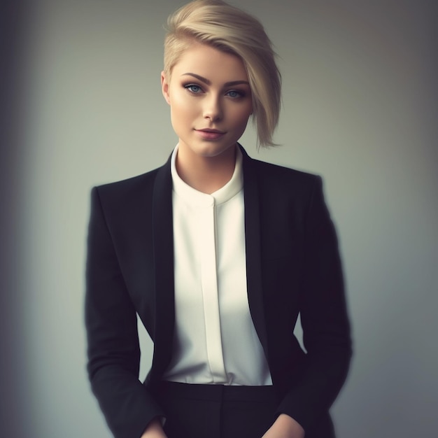 a woman with blonde hair and a black blazer is posing for a photo.