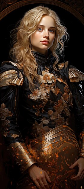 женщина с светлыми волосами и черным платьем с цветами на стороне
