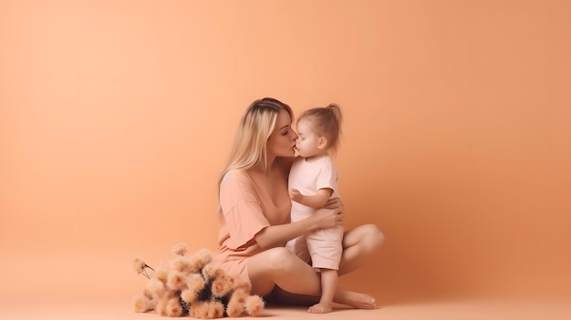 A woman with blonde hair and a blonde hair style holds a baby and kisses her face.