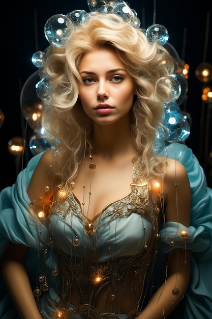 Женщина с светлыми волосами и синим платьем с огнями вокруг ее генеративного ИИ