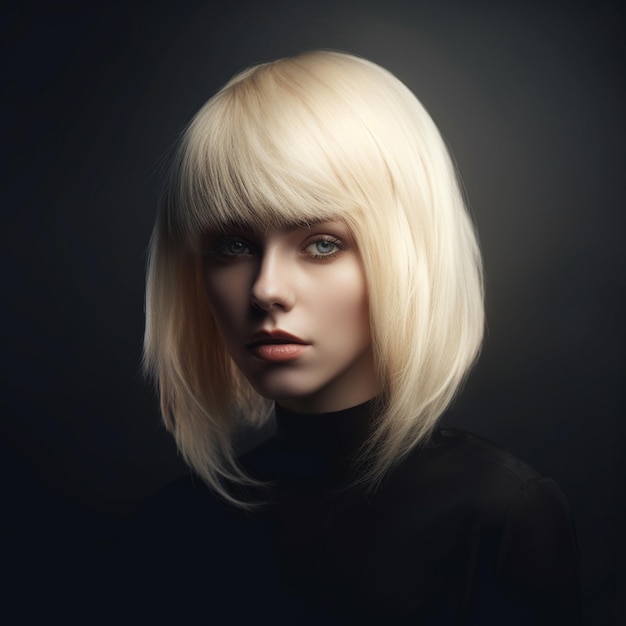 A woman with blonde hair and blue eyes is wearing a black shirt