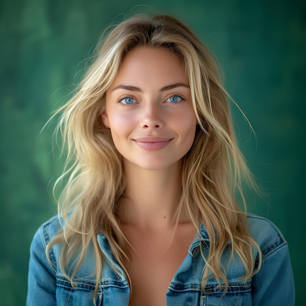 A woman with blonde hair and blue eyes smiling at the camera with a green background behind her and